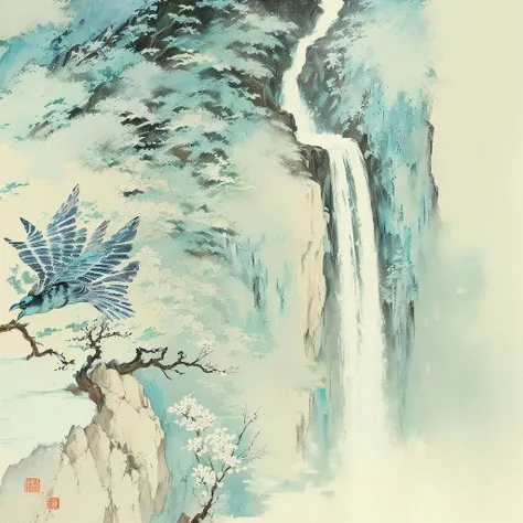 There is a painting，The painting shows a bird flying over a waterfall, inspired by Zhang Shunzi, Chinese painting style, zhang daqian, Inspired by Dong Qichang, Inspired by Qiandu, Inspired by Wang Shishen, inspired by Shen Shichong, inspired by Hu Jieqing...