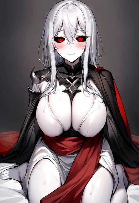 Mashiro, white hair, mittellanges Haar, rote Augen, weniger Ziffern, White skin, farbige Haut, farbige Sklera, schwarze Sklera,
BREAK white kimono, red sash, Herz, big boobs, Dekollete, seitlicher Schlitz, slight smile, Dunst, graue Ziegelmauer, leere Auge...