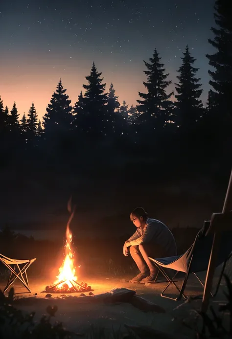 landscape, summer, night, forest, Campfire in one place, unmanned, Nobody, Starry Sky, HD detailed, Super detailed, movie, Hyperrealism, Soft Light, Deep focus bokeh, Ray Tracing, Hyperrealism. , アートステーション pixiv gwise, makoto shinkai, art germ