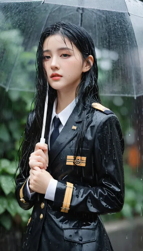 1girl, long black hair, uniform, shy, blush, wet, rain, transparent, (masterpiece, best quality), soft light, cinematic composition, cinematic light
