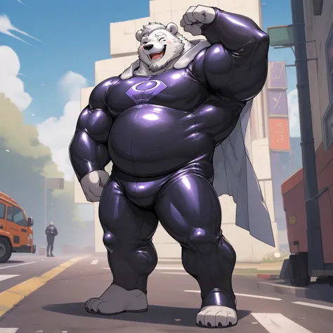 masterpiece, best quality, 8k resolution, Very detailed, hairy，(((polar bear))，(((Mature)))，(((beard))),(((Strong)))，(((White hair all over body)))，(((portrait)))，(((White hair)))，(((Roadside)))，For the audience，(((Purple gel coat))),(((Tight rubber suit))...