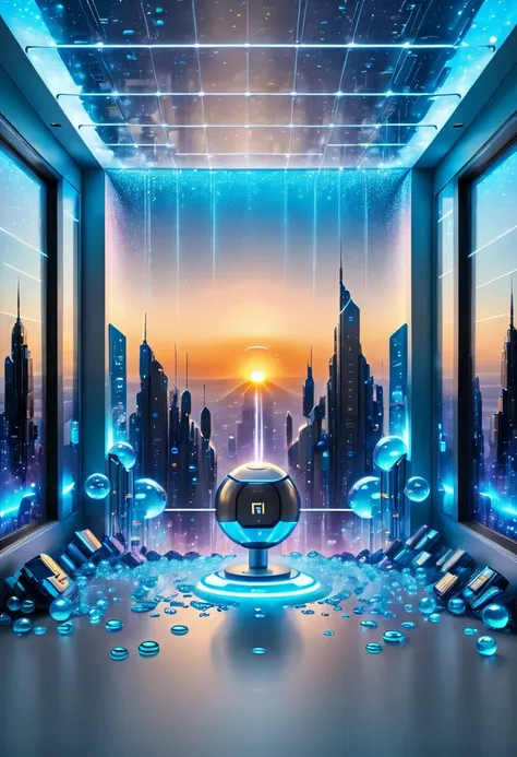 a floating  stands in a sci-fi room full of floating computer chips in bubbles, the sunrise is visible through a window in the b...