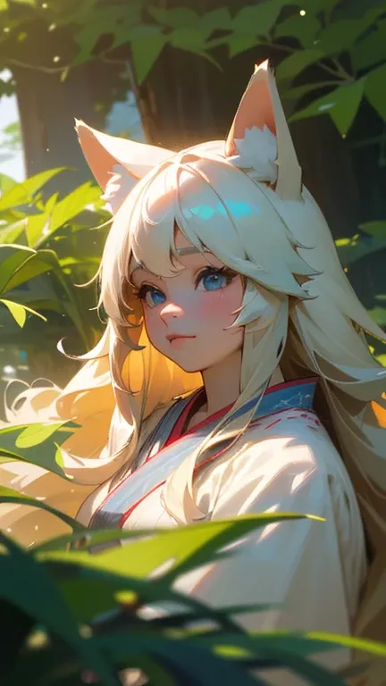 (best quality,4k,8k,highres,masterpiece:1.2),ultra-detailed,(realistic,photorealistic,photo-realistic:1.37),cute,solo young girl with white  long wavy hair,blue eyes,fox ears,fluffy fox tail,wearing traditional Japanese  clothing, summer time in Japan,beau...