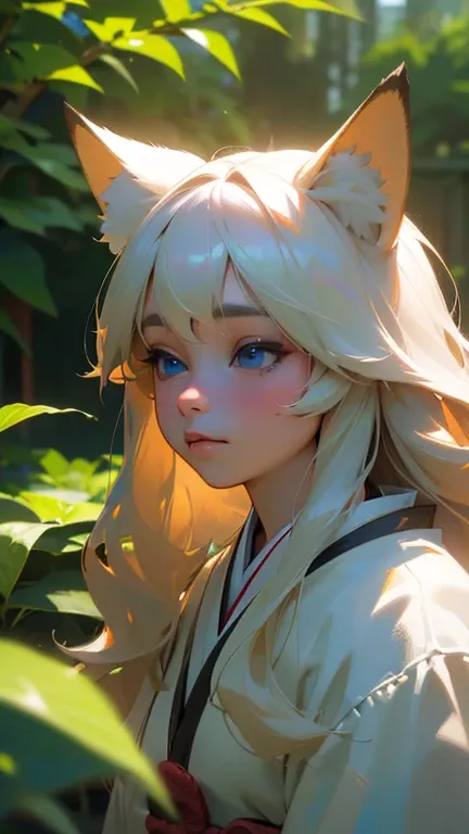 (best quality,4k,8k,highres,masterpiece:1.2),ultra-detailed,(realistic,photorealistic,photo-realistic:1.37),cute,solo young girl with white  long wavy hair,blue eyes,fox ears,fluffy fox tail,wearing traditional Japanese  clothing, summer time in Japan,beau...