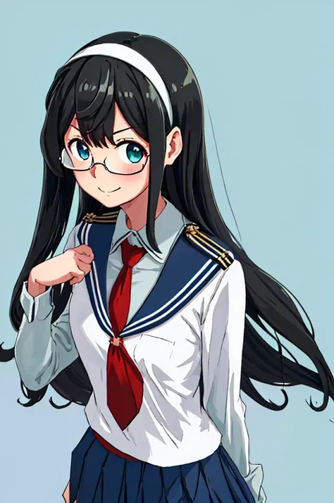 best quality, masterpiece, highres, solo, {ooyodo_kantaicollection:1.15}, black_hair, long_hair, glasses, hairband, semi-rimless_eyewear, under-rim_eyewear, blue_eyes, green_eyes, blush,small_breasts, 1girl, school_uniform, serafuku, pleats_skirt, looking_...