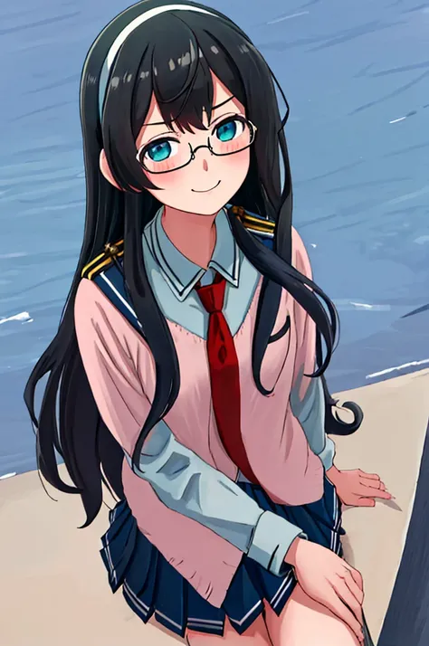 best quality, masterpiece, highres, solo, {ooyodo_kantaicollection:1.15}, black_hair, long_hair, glasses, hairband, semi-rimless_eyewear, under-rim_eyewear, blue_eyes, green_eyes, blush,small_breasts, 1girl, school_uniform, serafuku, pleats_skirt, looking_...