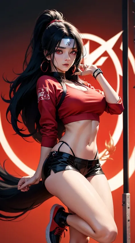 Kurenai from the anime Naruto, dark hair, long hair, Red eyes, ponytail, wear mascara, Perfect body, Perfect breasts, Beautiful woman, very beautiful, wear a red Nike sweatshirt, red joggers, wear a watch, wear earrings, wears red Nike Jordan shoes, I was ...