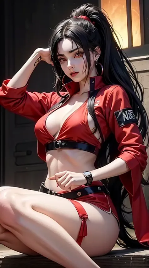 Kurenai from the anime Naruto, dark hair, long hair, Red eyes, ponytail, wear mascara, Perfect body, Perfect breasts, Beautiful woman, very beautiful, wear a red Nike sweatshirt, red joggers, wear a watch, wear earrings, wears red Nike Jordan shoes, I was ...