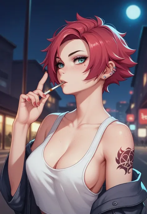 Crimson hair, black highlight in hair, short hair, tomboy, Japanese sleeve tattoo, neat ear piercings, thin tanktop, b cups, no bra, one cigarette in mouth, streetwear, freckle on right boob, night, city background, empty hands, 23-years-old