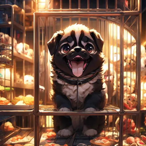 Inside the pet shop、Pug puppy in cage facing left with mouth open、A black kitten is in a cage, facing right with its ears perked up