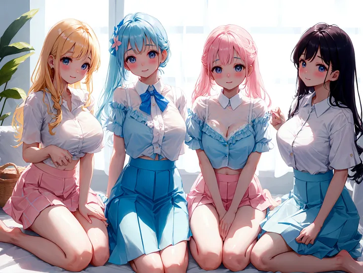 Three sisters of different heights、A cute white blouse with a cute light blue bra showing through it、Cute pink flare skirt、Light blue underwear visible as the skirt is lifted、barefoot、Company interview venue