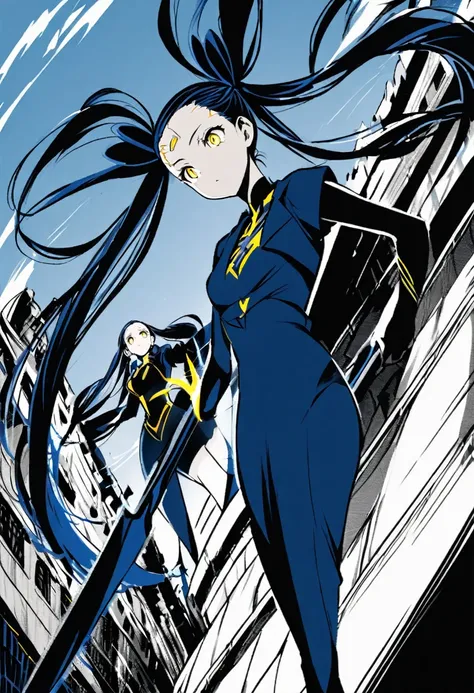 (One very tall woman,Navy Blue Hair,Her hairstyle is twin tails that expose her forehead., yellow eyes,Medium chest,Dynamic Angle)black１Color ,blackの長ズボン,The woman is carrying a spear in one hand.,Walk through the cityscape