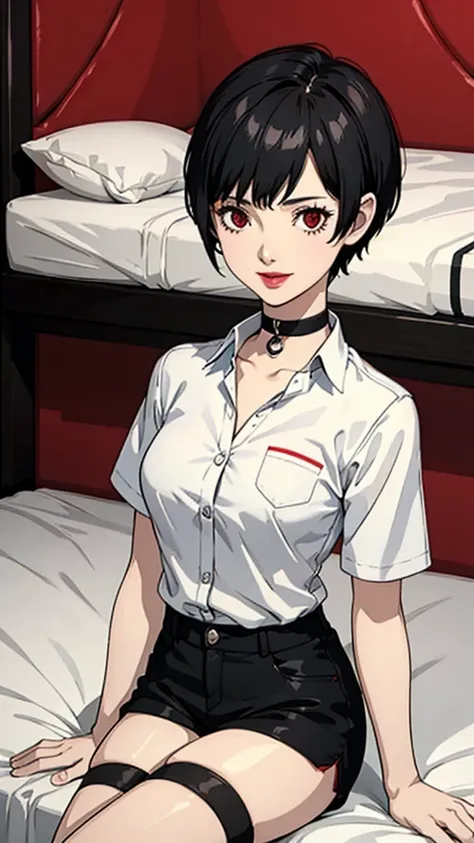 1 girl, Red eyes, very Short hair, black choker, lipstick, smile, black hair, female , tomboy Pixie haircut, long shirt, shorts, stockings, bedroom, cowboy shot, sit