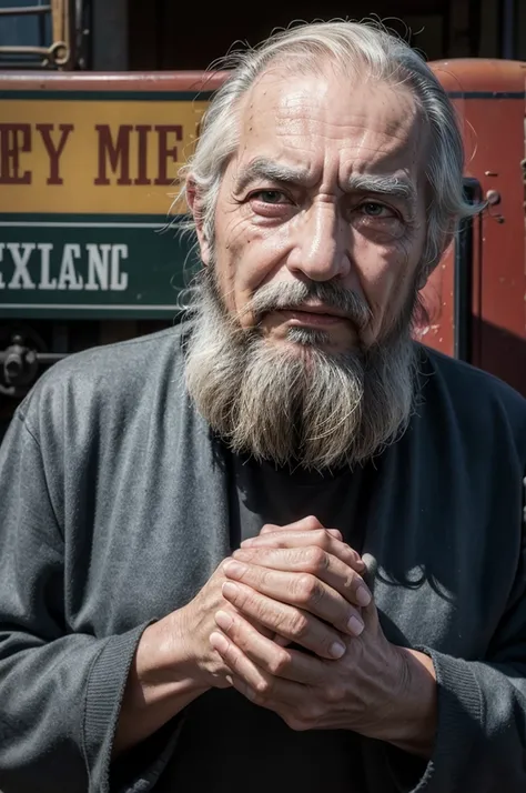 Can you help me create a hyperrealistic photo of a 78-year-old man, very thin, with a beard, Mexican, with a melancholic attitude, holding in his hands a locomotive from the 60s, a toy train, behind him, a banner with the text: "Happy Father&#39;s Day, Che...