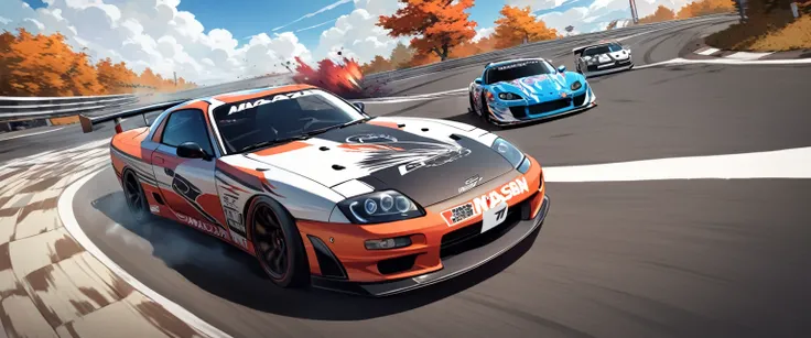 Two sports cars、race、Dead Heat、((Printed with Japanese anime girls))、((Car wrapping))、nissan-GTR vs mazda-RX7、drift、battle、Winding Road、Speed, from below