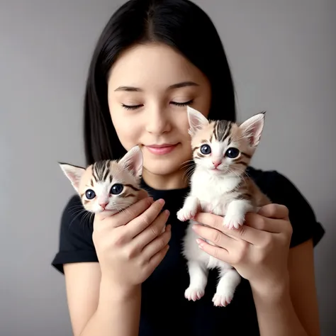 a person holding a small kitten in their hand, a photorealistic painting by niko henrichon, reddit, happenings, cute and adorabl...