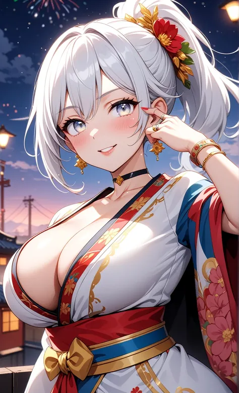 ((One personの女性)), Beautiful Face,Laughing shyly,((Wink:2.0)),Laugh with your mouth wide open((Bright red cheeks:1.4)),Glossy pink lips,night,rooftop,Festive decorations,You can see the ocean, firework,Laughing with your mouth open,Glossy pink lips,Lightin...