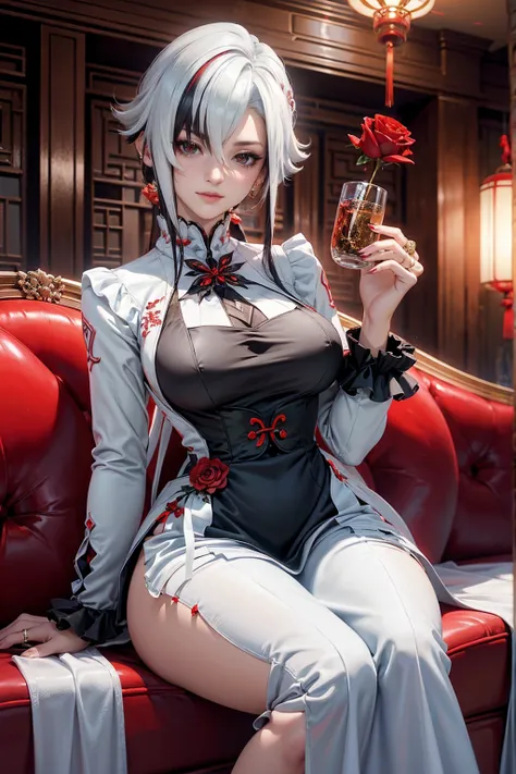 Arlecchino_(genshin impact), red roses, ornament hair, roses on her hair, maid, maid dress, maid headdress, maid apron, black hair, white hair, long hair, seat on a sofa, chinese home style, Chinese maid dress, gold lantern, white dress, more details on he...