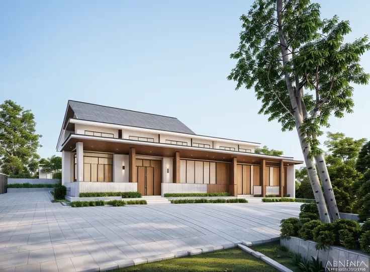 Modern architecture, xinfa aluminum glass doors, (stone wall, white paint), trần ốp gỗ, best quality, super detailed, true, expression, Gray Japanese tile roof, Yellow light temperature 4000k, The courtyard is covered with ceramic tiles, green exterior, ev...