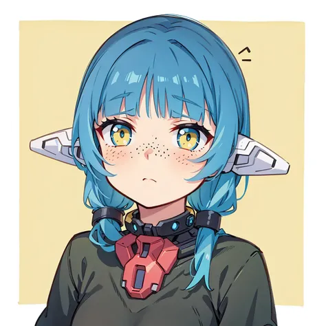 cyborg anime girl, robot ears, blue and yellow eyes, freckles, tsundere