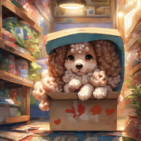 Inside the pet shop、Poodle puppy in a box、Girl paying money