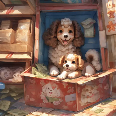 Inside the pet shop、Poodle puppy in a box、Girl paying money