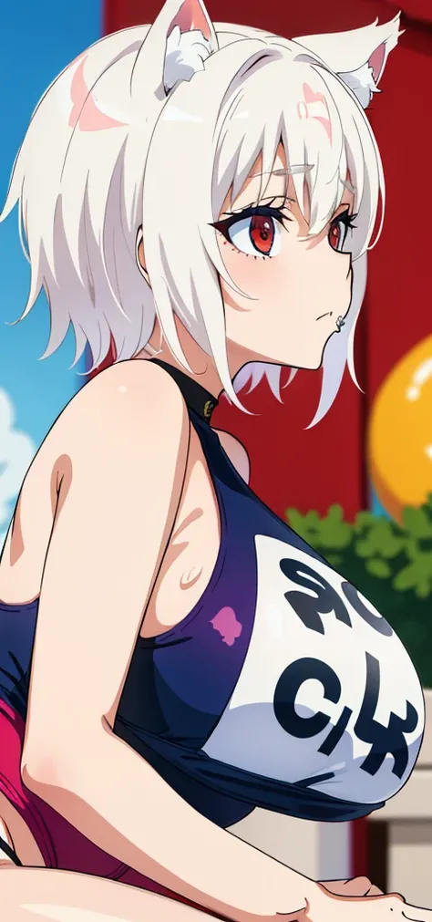 Best Quality, (Masterpiece:1.2), High Detailed, Cat Ears, 1girl, solo, tojo koneko, red eyes, white hair, short hair, hair decoration, erotica, sleeveless, bare legs, healthy skin,  ((swimsuit)),(( cum, cum on face, after sex)) ,(( from side))