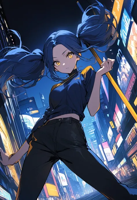 (One very tall, good looking woman,Navy Blue Hair,Her hairstyle is twin tails that expose her forehead., yellow eyes,Medium chest,Dynamic Angle Tall)Thick Black１Color ,Black trousers,The background is the busy Shibuya area at night,One-handed spear