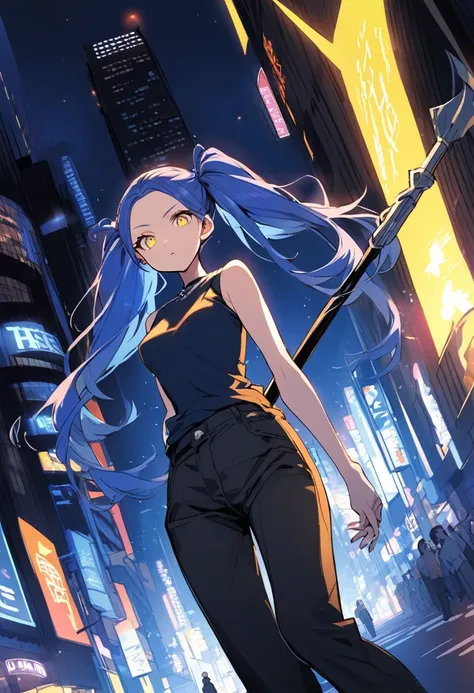 (One very tall, good looking woman,Navy Blue Hair,Her hairstyle is twin tails that expose her forehead., yellow eyes,Medium chest,Dynamic Angle Tall)Thick Black１Color ,Black trousers,The background is the busy Shibuya area at night,One-handed spear