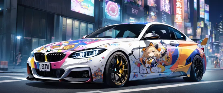 A sports car with a Japanese anime girl printed on it、BMW、Car wrapping、Itasha、Tokyo city at night、from side