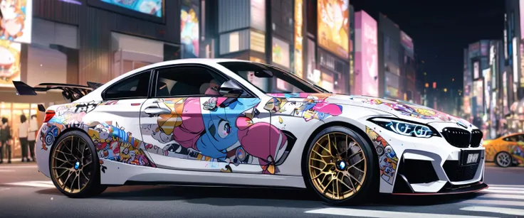 A sports car with a Japanese anime girl printed on it、BMW、Car wrapping、Itasha、Tokyo city at night、from side