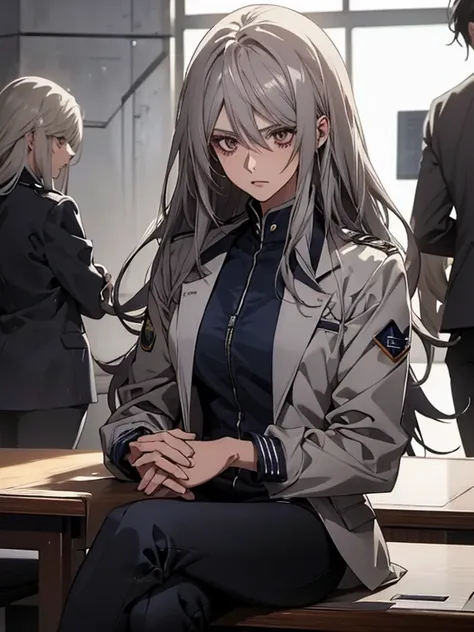 (Confused, High resolution, Very detailed), 1 female, Silver Hair,Long Hair,Reddish brown eyes,White and black pilot suit,Jacket,Navy blue skinny pants,24th generation,beauty,mature,thin,quiet,Calm,Sit at a conference room table,talk,Intimidation,Unpleasan...