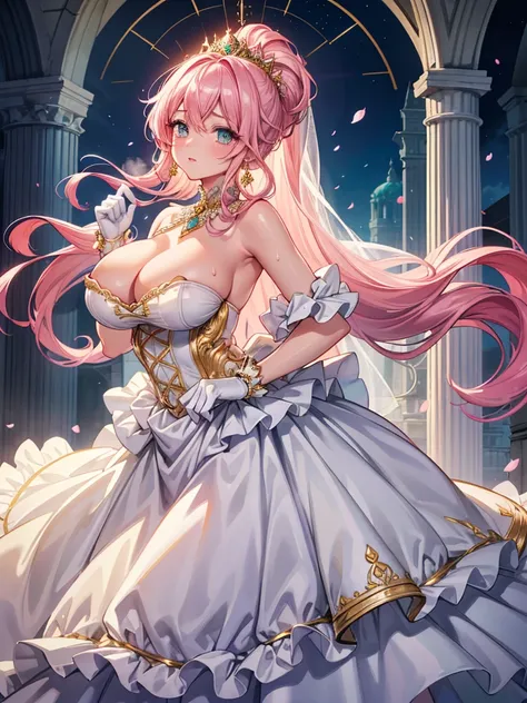 Super detailed ,best quality ,very aesthetic ,full body ,cowboy shot ,from behind ,looking up ,from above凛として立つ ,A young-looking princess ,Beautiful eyes like jewels ,Embarrassed look ,A seductive face ,Beautiful Lips ,(Hair blowing in the wind ,Pink Hair ...