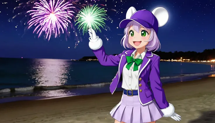 masterpiece, Highest quality, Mouse Egret, Purple hat, Hair Clip, Green ribbon, Purple Jacket, White gloves, belt, Purple Mini Skirt, Upper Body, Blushing, smile, View your viewers, Beach, night, moon, firework, Place your hand on your chest