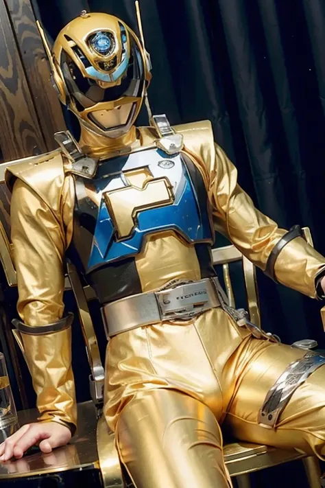 Fantasy background, cafe rpg style, empty chair, table, set of tea glass, (power rangers)), One guy、, ((gold ranger suit)), red and blue chest armor with gold details,   costume, Solo, ((fit figure)), (Anatomically correct), Cowboy shot, masked face, guns,...