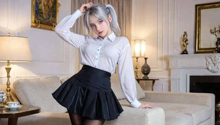 (((1 Girl)),Ray Tracing,(Dim lighting),[Detailed Background (living room)),((Silver Hair)),(Silver Hair)),((Fluffy Silver Hair, Plump and slim girls)) Raised ponytail))) Avoid golden eyes in the ominous living room ((((The girl is wearing a white opaque sh...