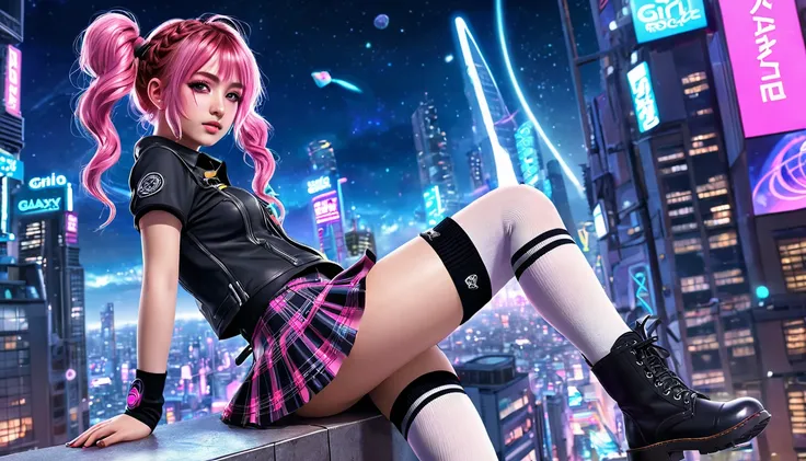 High resolution, Highest quality, masterpiece, Very high quality, Super detailed, Surreal, 3D, anime, An illustration, Fantasy, Hard Rock Girl, So beautiful and cute, Pink wavy hair, Side braid, mini skirt, Knee-high socks, Engineer boot, background cyberp...