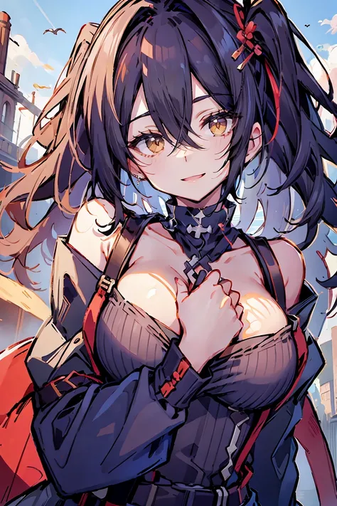 (masterpiece:1.2), (high quality:1.2), (hui xiyi:0.7), rekkyo sensen, rekkyou sensen, girls with((black hair, (tits cleavage:1.1), (waving is hands:1.2), (breasts close up:1.2), (suspenders:1.2), (dress:0.65), (blue clothes:1.2), (belts:0.7), (frills shirt...