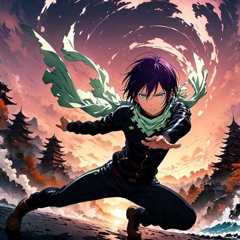 1boy,Yato (noragami),noragami,Intricate details,Wide range of colors,artwork,rendering,(masterpiece:1.3),(highest quality:1.4),(Super detailed:1.5),High resolution,Very detailed,unity 8k wallpaper,Decadent,Wind,Dynamic Pose