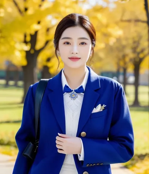 Close-up of woman wearing a blue jacket and flower brooch., Dilraba Dilmurat, Inspiration from Chen Daofu, Inspiration from granddaughter, Inspiration from Chen Lu, Inspiration from Chen Lin, fan art, Inspired by Sim Sa Jung, Digital art of elegance, แรงบั...