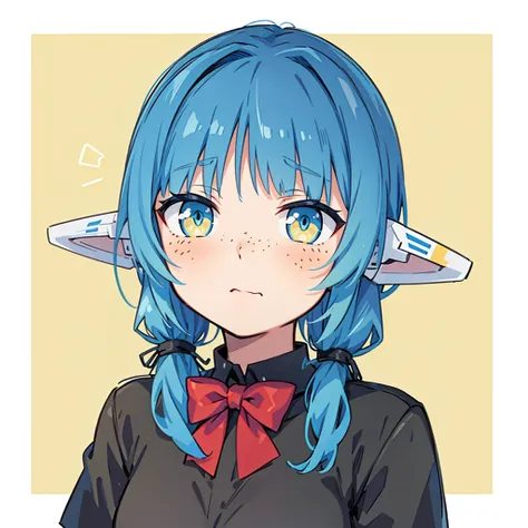 cyborg anime girl, robot ears, blue and yellow eyes, freckles, tsundere, dark blue hair with turqoise gradient, black shirt, red ribbon in shirt, black ribbons in hair