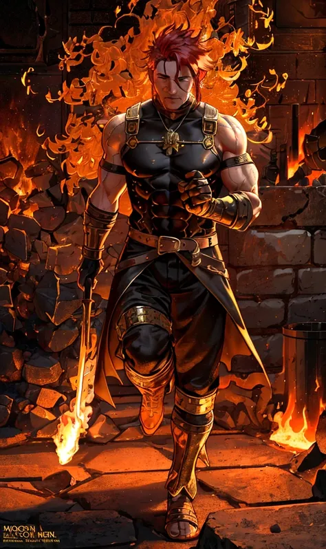 detailed golden forge, glowing molten metal, intense flames, muscular blacksmith, fire hair, sweat glistening, dynamic movement, intricate details, rich color palette, dramatic lighting, cinematic composition, award winning digital art, concept art, octane...