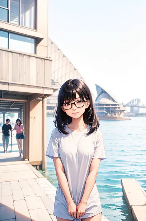 A young Japanese couple at the Sydney Opera House. The husband has black hair with bangs, wears glasses, and a blue T-shirt. The wife has medium-length black hair, wears glasses, and a pink T-shirt. They both have smiles on their faces. Clean-shaven, no ch...