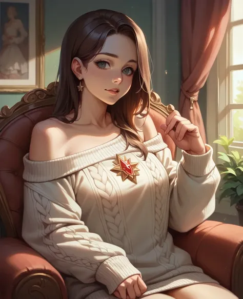 ((best quality)), ((masterpiece)), (detailed), 1girl, off-shoulder sweater, 