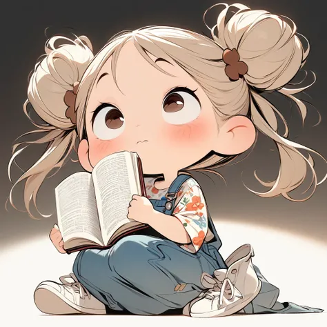 (masterpiece, best quality:1.2), cartoonish character design。Pure white background，1 girl looking through a thick dictionary, alone，big eyes，cute expression，Two hair buns，Floral shirt，Overalls，White sneakers，stand，interesting，interesting，clean lines