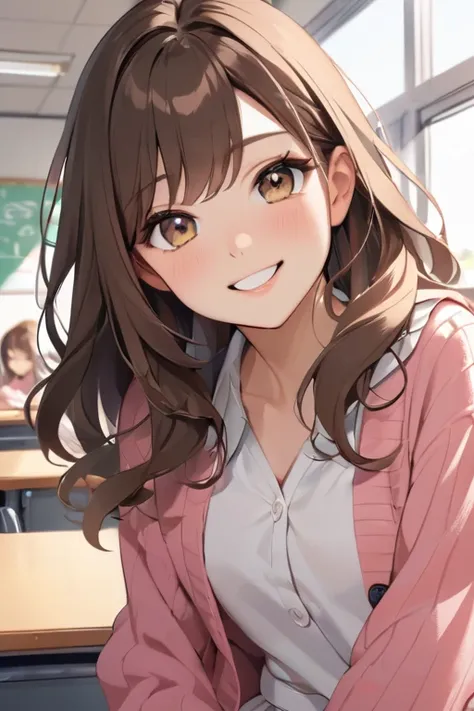 A beautiful young student girl smiling, long brown curls, light brown eyes, white skirt, pink cardigan, in a classroom