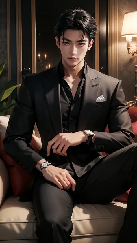 man,handsome,high,Thai person,luxury house,black hair,black eyes,Wear a diamond watch