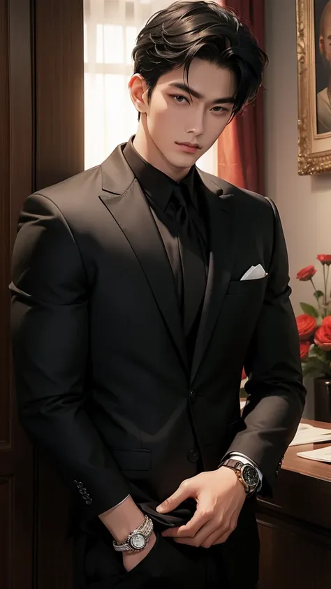 man,handsome,high,Thai person,luxury house,black hair,black eyes,Wear a diamond watch