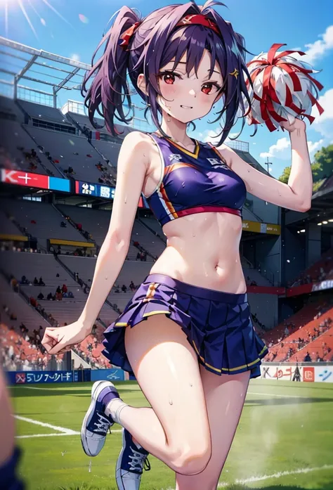 yuukikonno, yuuki konno, hair band, Long Hair, Pointed Ears, Purple Hair, (Red eyes:1.5), (Small breasts:1.2), Open your mouth wide,(Very delicate eyes), (cheer leading), (whole body),smile,blush,Lower, (Sweaty), Sweaty Wet Clothes, (Purple clothes), Pleat...