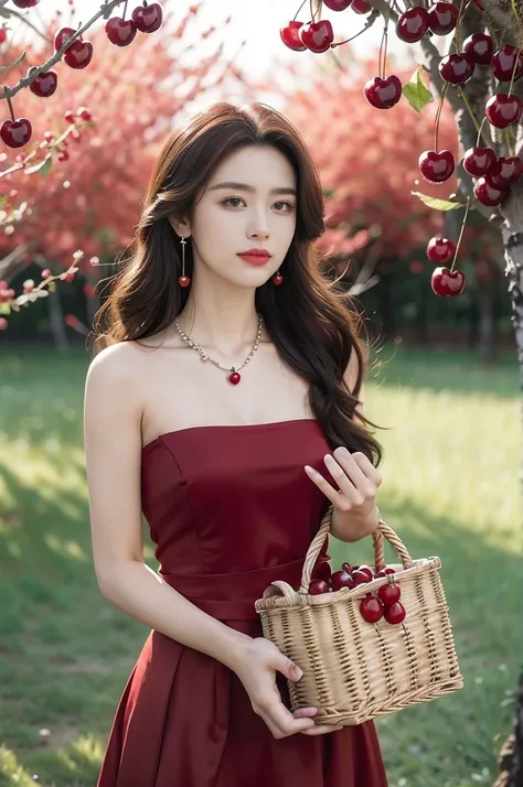 (((best quality))),(((ultra detailed))),(((masterpiece))),illustration,1 beautiful girl,solo,earrings,necklace,medium straight hair,slim,flat chest,red dress,summer,(cherry orchard full of red cherries:1.3),sunlight,dappled light,fair skin,smile,(ripest ch...